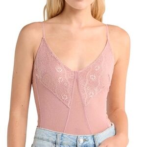 NEW FREE PEOPLE PINK LACE & MESH BODYSUIT